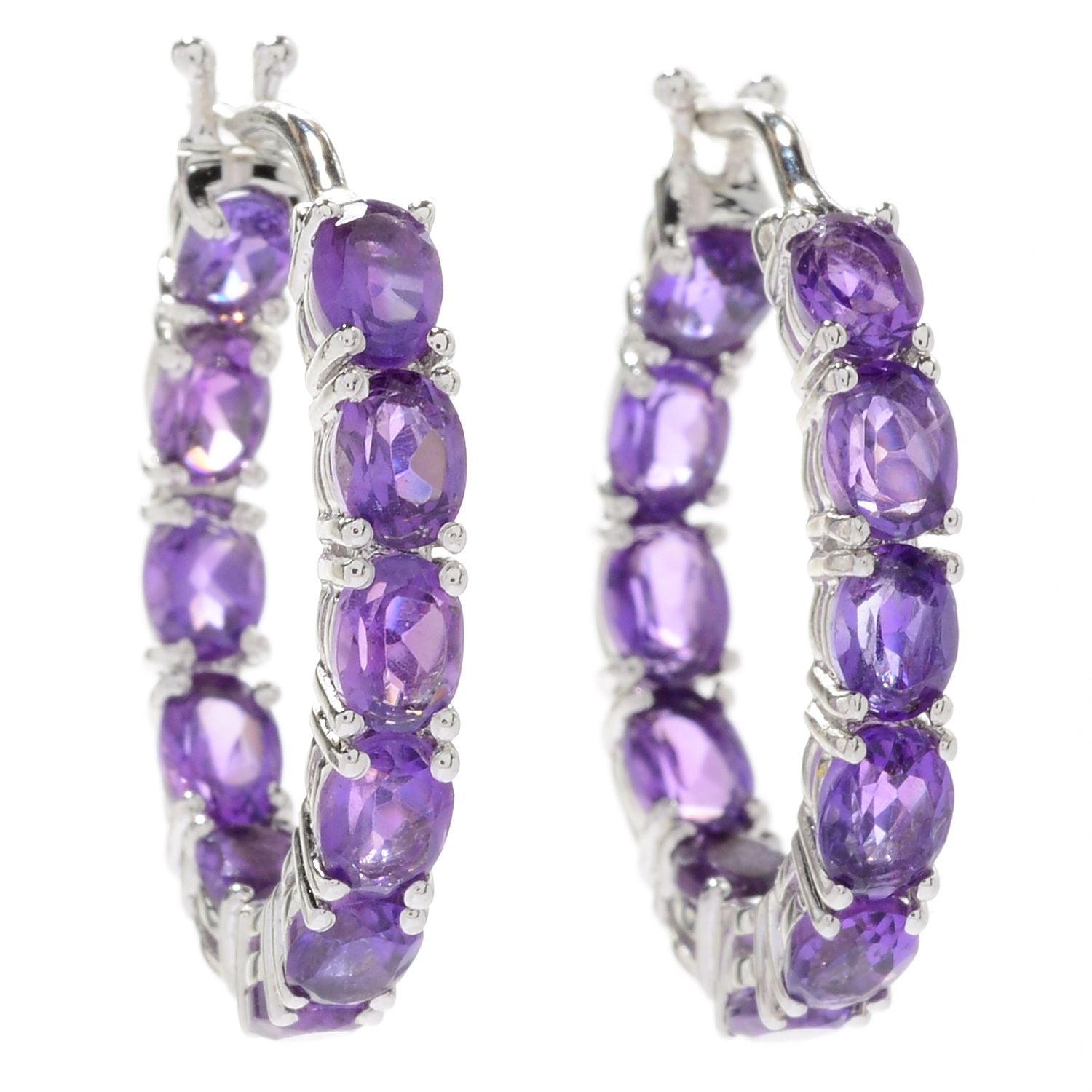 Pinctore Rhodium Over Sterling Silver 3.22ctw African Amethyst Hoops Earring 0.75'L - pinctore