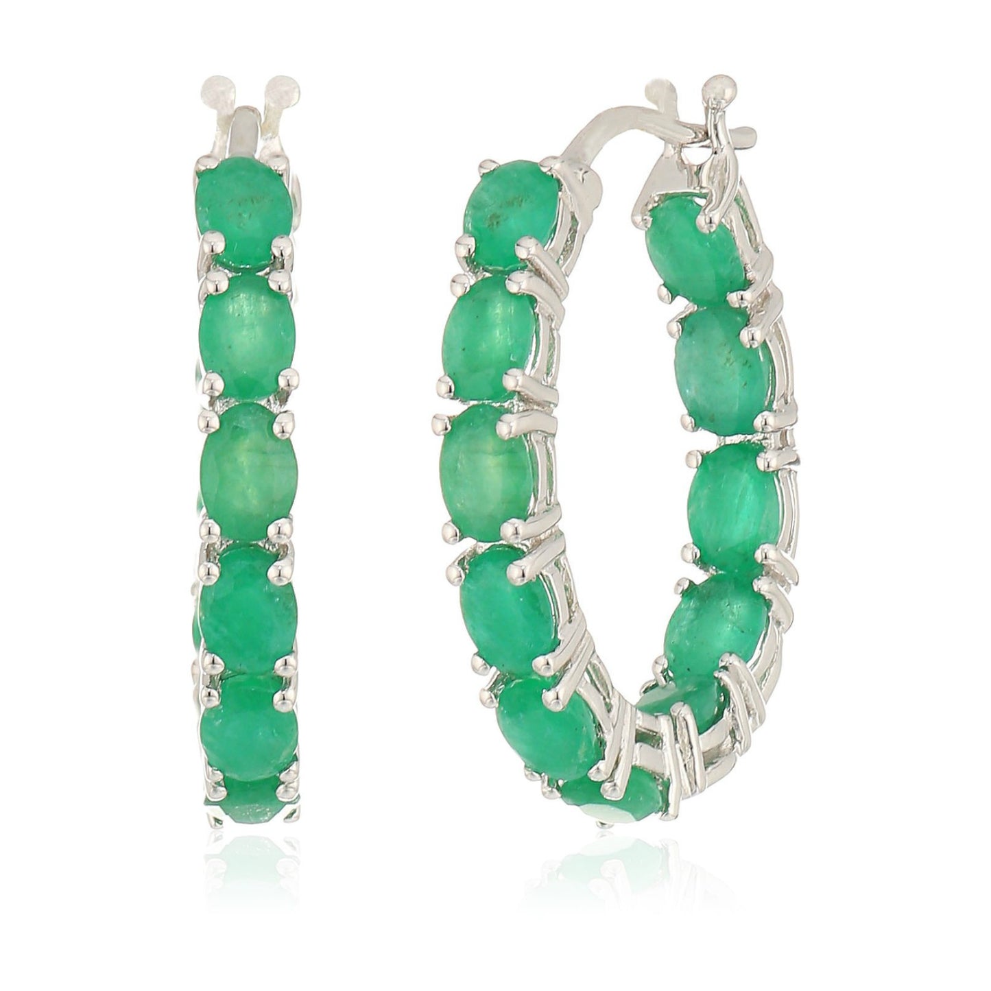 Pinctore Sterling Silver Genuine Emerald Oval Inside Out Hoop Earrings, 0.75"