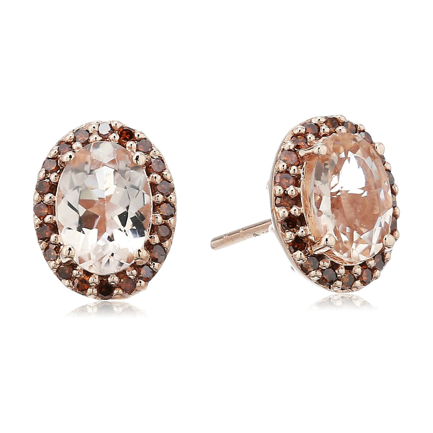 10k Rose Gold Morganite and Cognac Diamond (1/5 cttw) Halo Oval Stud Earrings - pinctore
