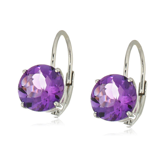 10k White Gold African Amethyst Round Lever Dangle Earrings - pinctore