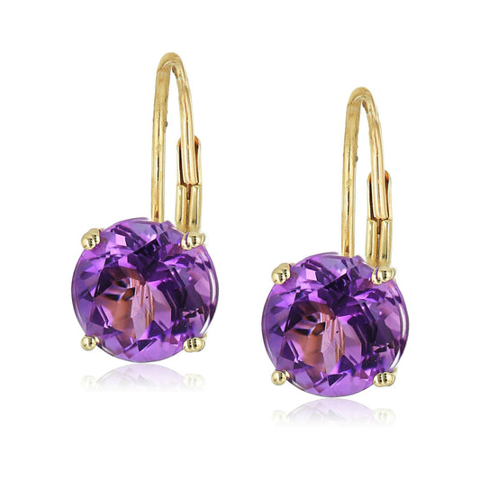 10k Yellow Gold African Amethyst Round Lever Dangle Earrings - pinctore