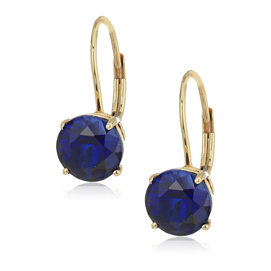 10k Yellow Gold Created Blue Sapphire Round Lever Dangle Earrings - pinctore