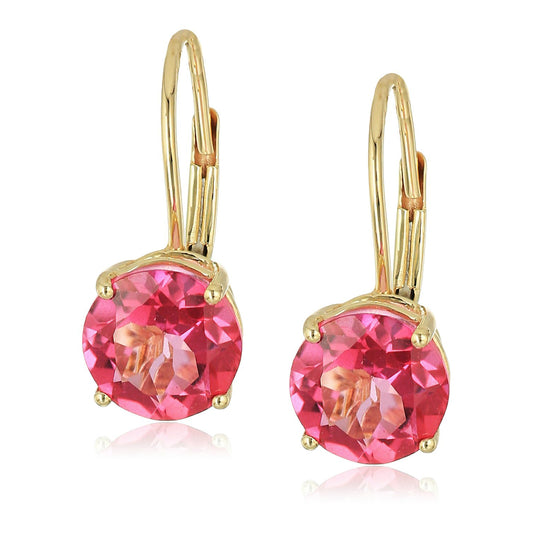 10k Yellow Gold Pink Topaz Round Lever Dangle Earrings - pinctore