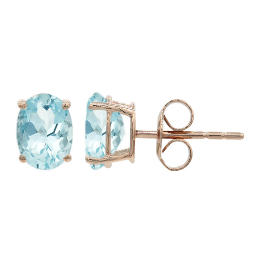 10K Rose Gold Classic Solitaire Stud Earrings, Oval Shape, 7x5mm in Genuine Aquamarine Gemstone, Friction Back