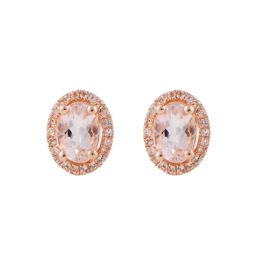 10K Rose Gold Morganite and Diamond Princess Diana Oval Halo Stud Earring (1/5cttw,  H-I Color,  I1-I2 Clarity) - Pinctore