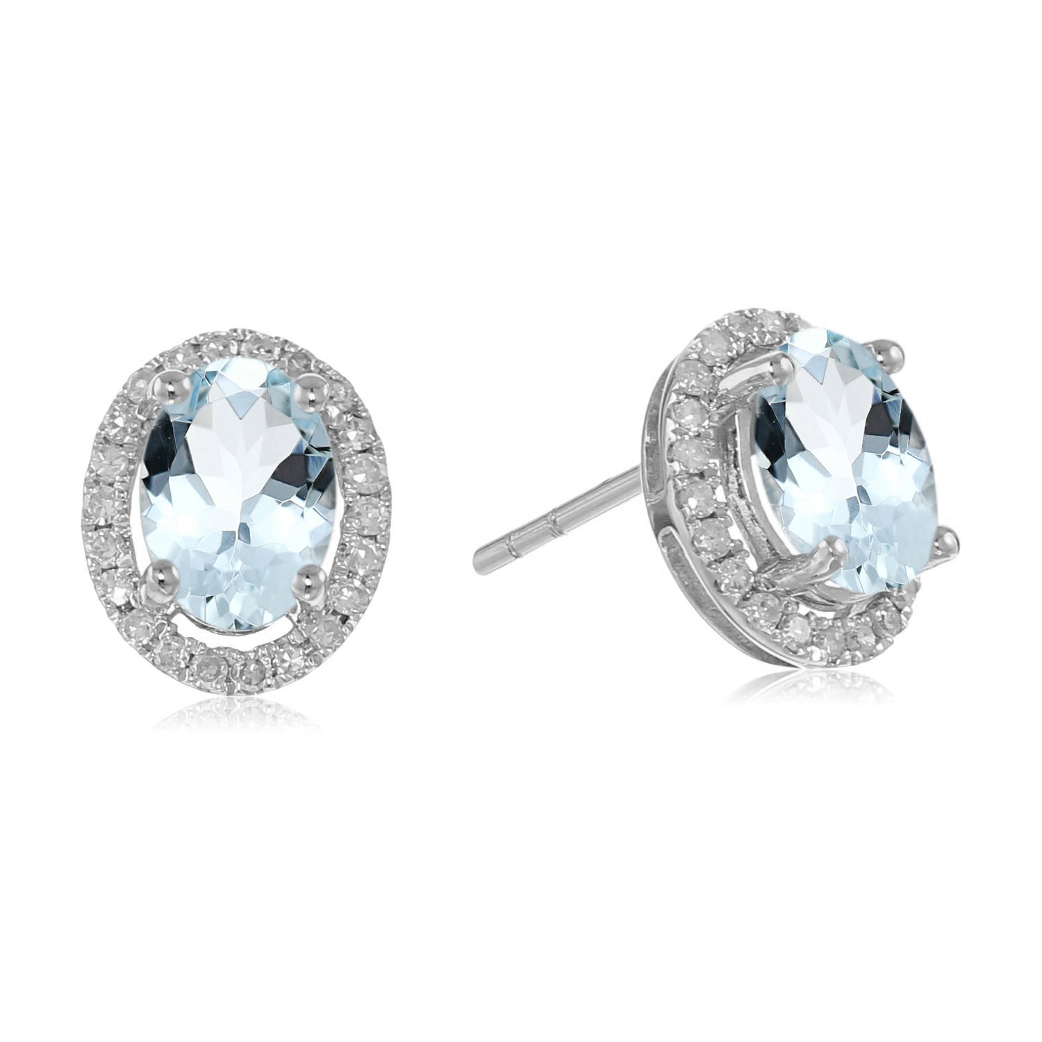 10k White Gold Aquamarine and Diamond Princess Diana Oval Halo Stud Earrings (1/5cttw, H-I Color, I1-I2 Clarity)