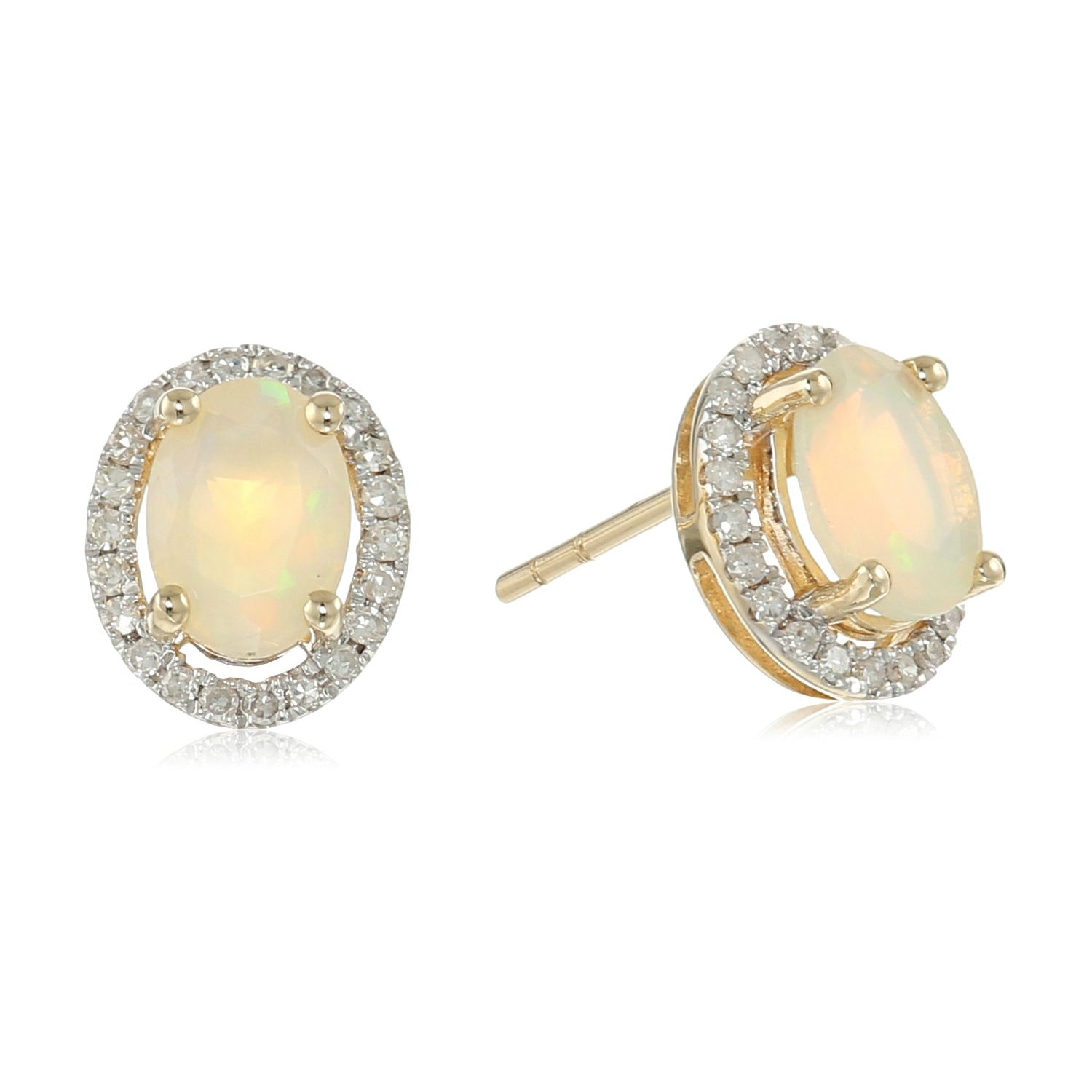 10k Yellow Gold Ethiopian Opal and Diamond Princess Diana Oval Halo Stud Earrings (1/5cttw, H-I Color, I1-I2 Clarity) - pinctore