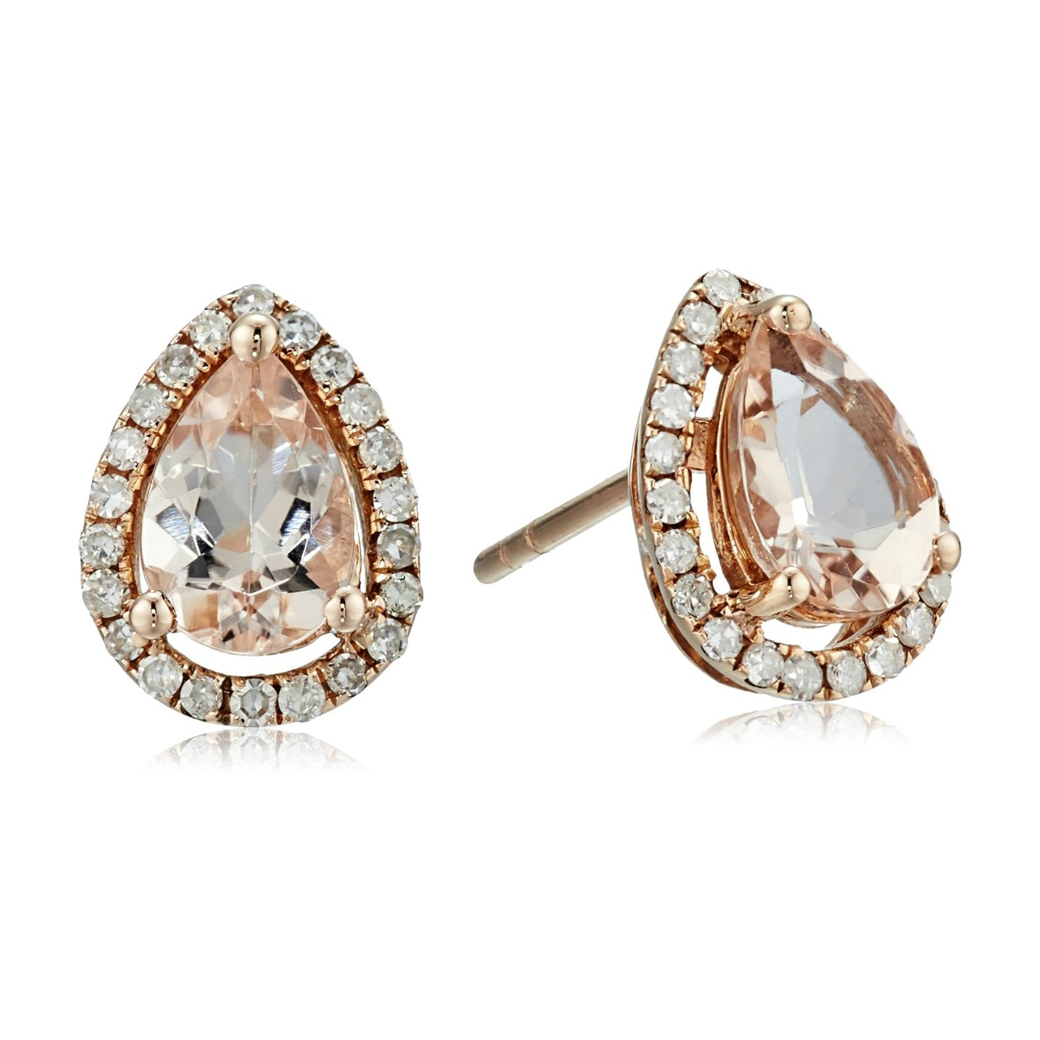 10k Rose Gold Morganite and Diamond Princess Diana Pear Halo Stud Earrings (1/5cttw, H-I Color, I1-I2 Clarity) - pinctore
