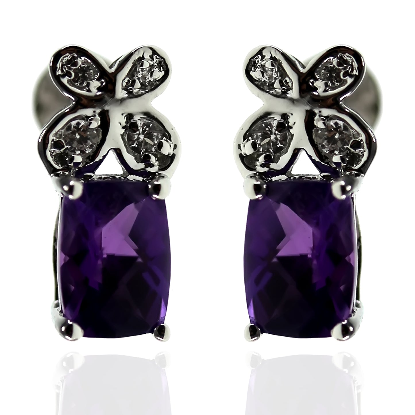 925 Sterling Silver African Amethyst,Created White Sapphire Stud Earring