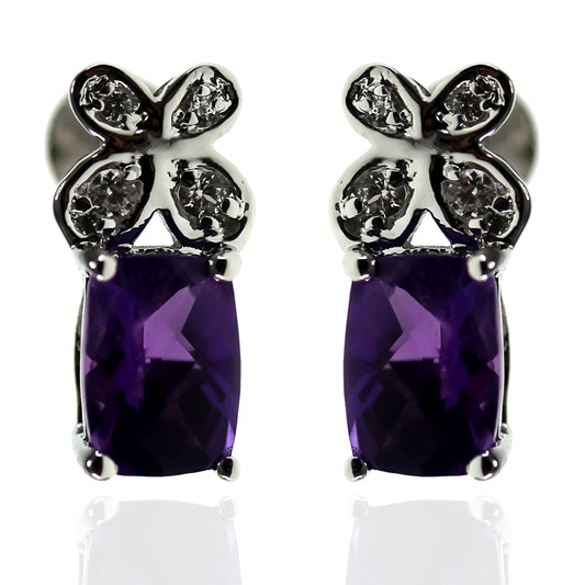 925 Sterling Silver African Amethyst,Created White Sapphire Stud Earring