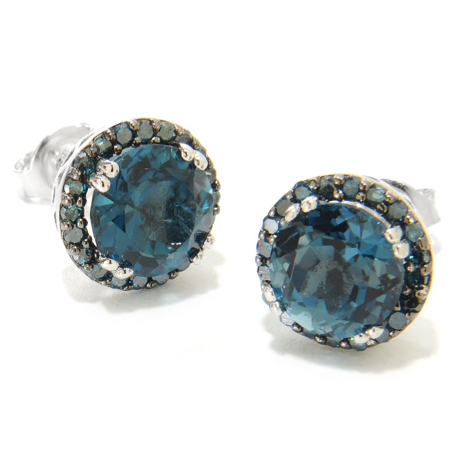 Sterling Silver London Blue Topaz and Blue Diamond Halo Stud Earrings (1/3cttw, I-J Color, I2-I3 Clarity) - pinctore