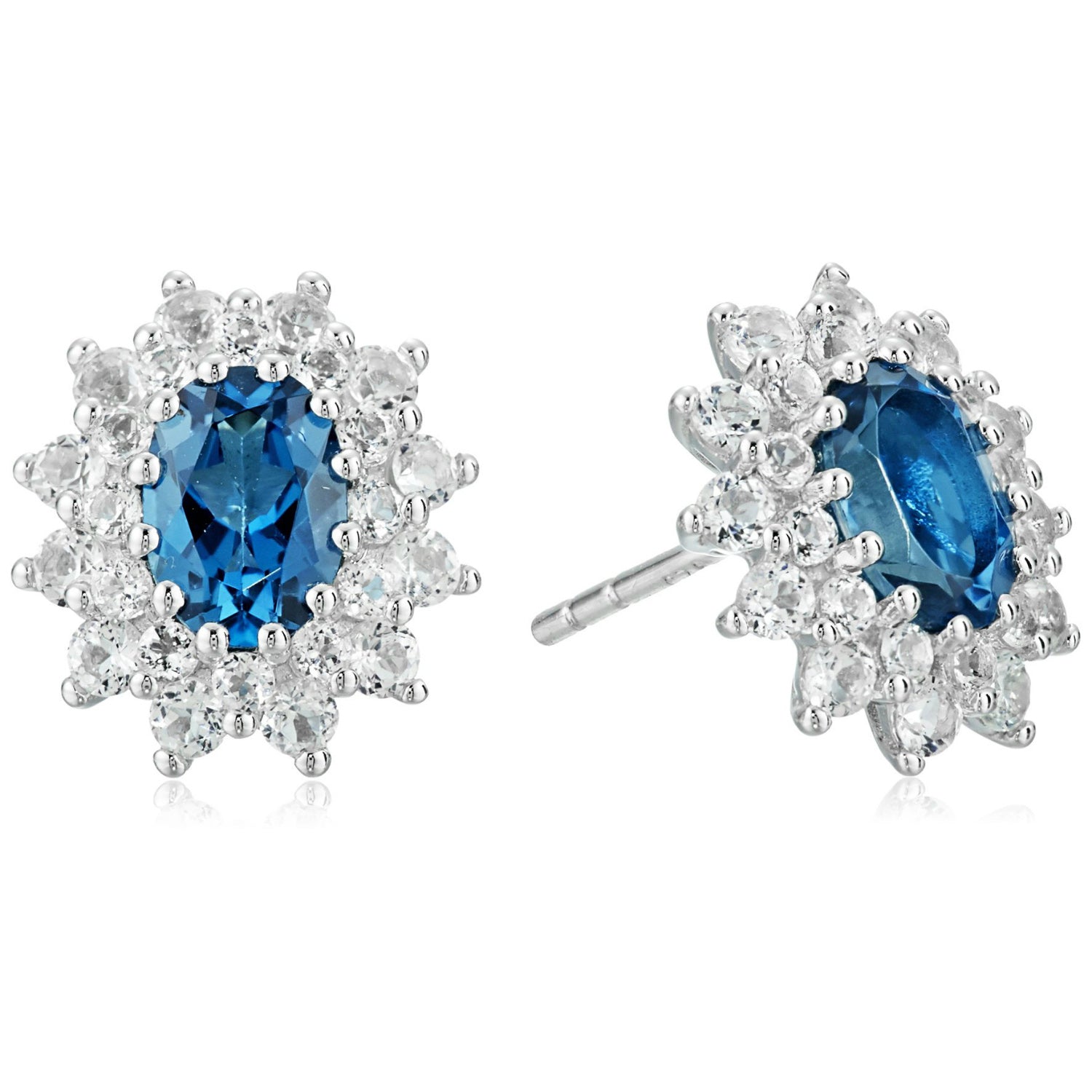 Sterling Silver London Blue Topaz Double Halo Stud Earring - Pinctore