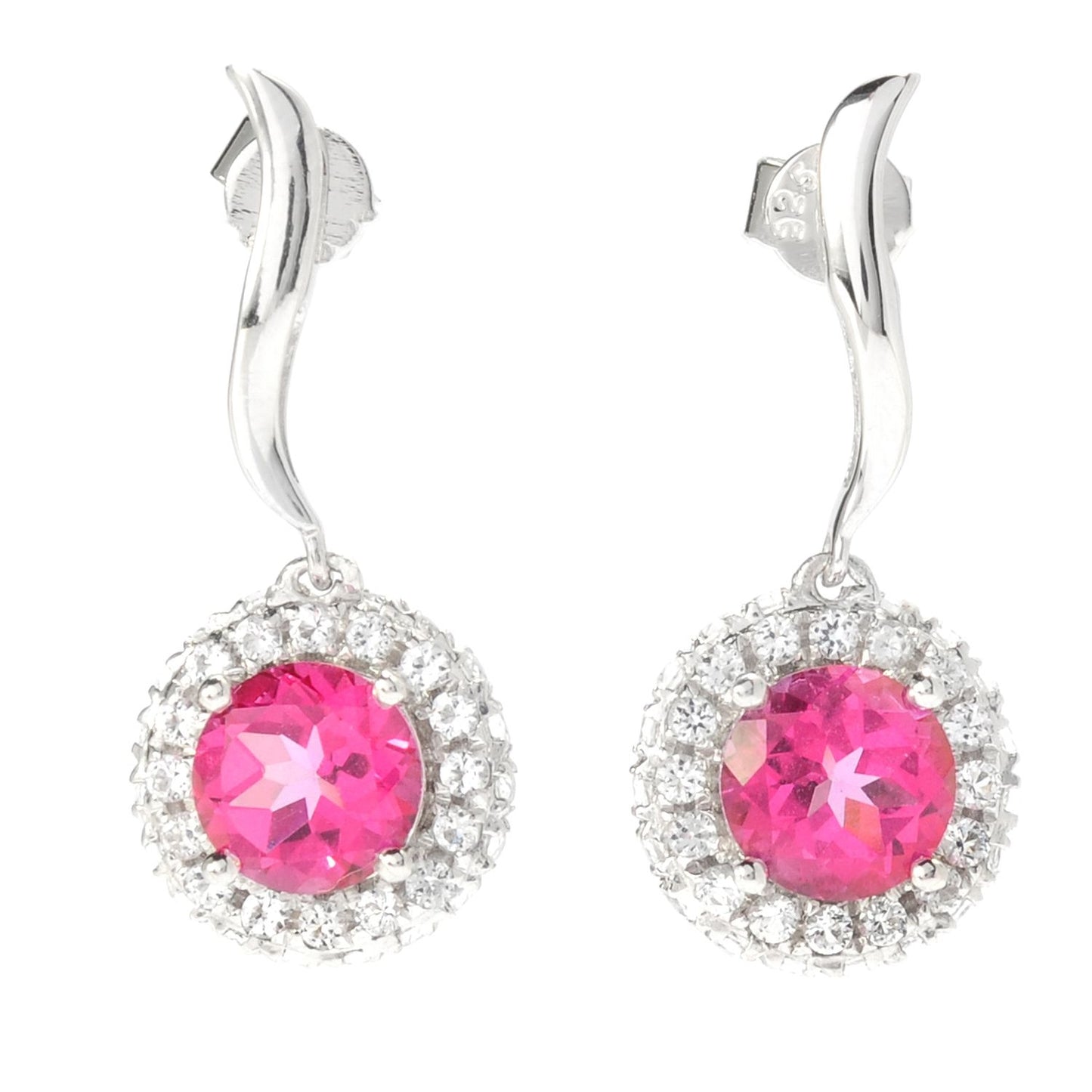 Sterling Silver 4.18Ctw Pink Topaz Halo Drop Earrings, 1"L