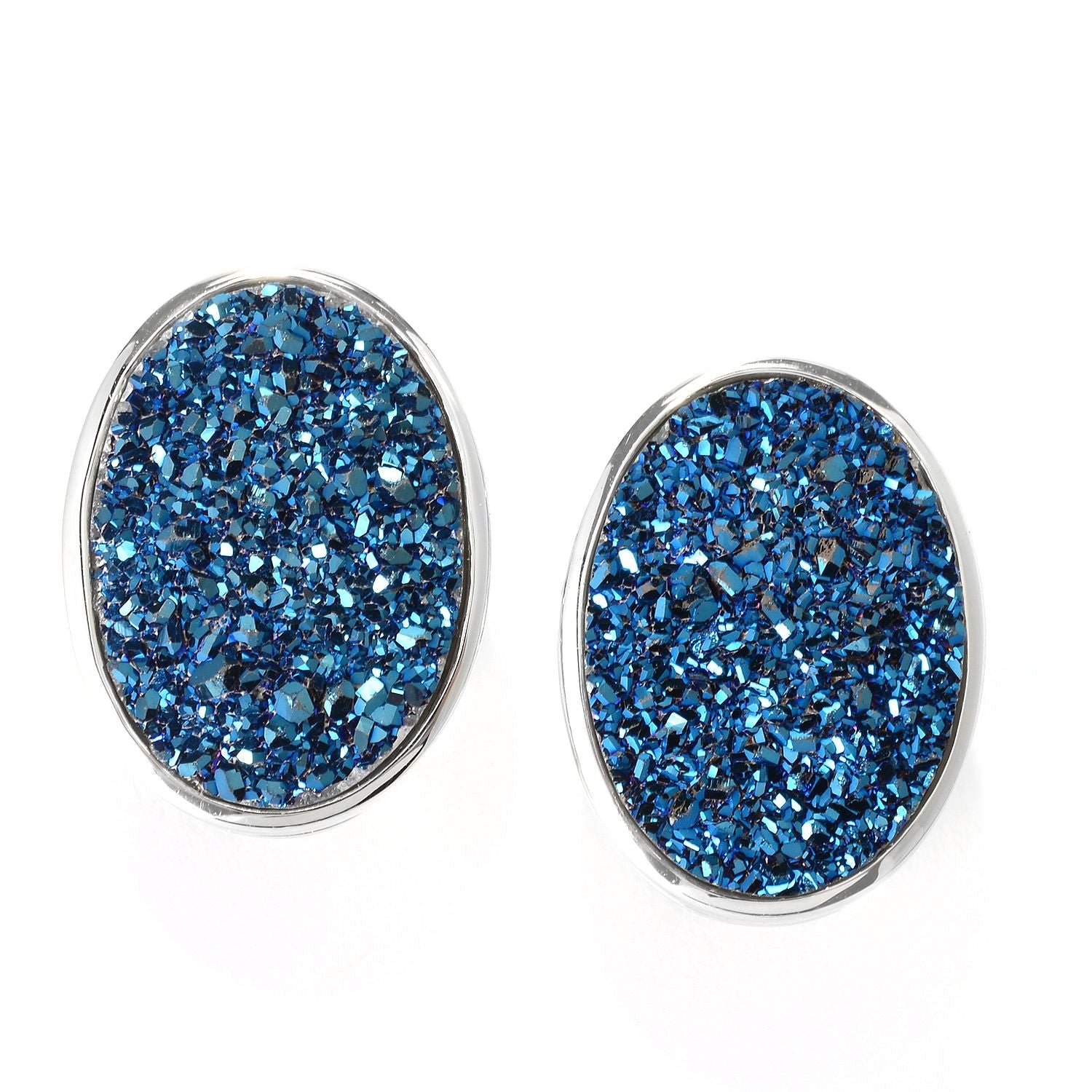Sterling Silver Blue Druzy Bezel-Set Stud Earrings - pinctore