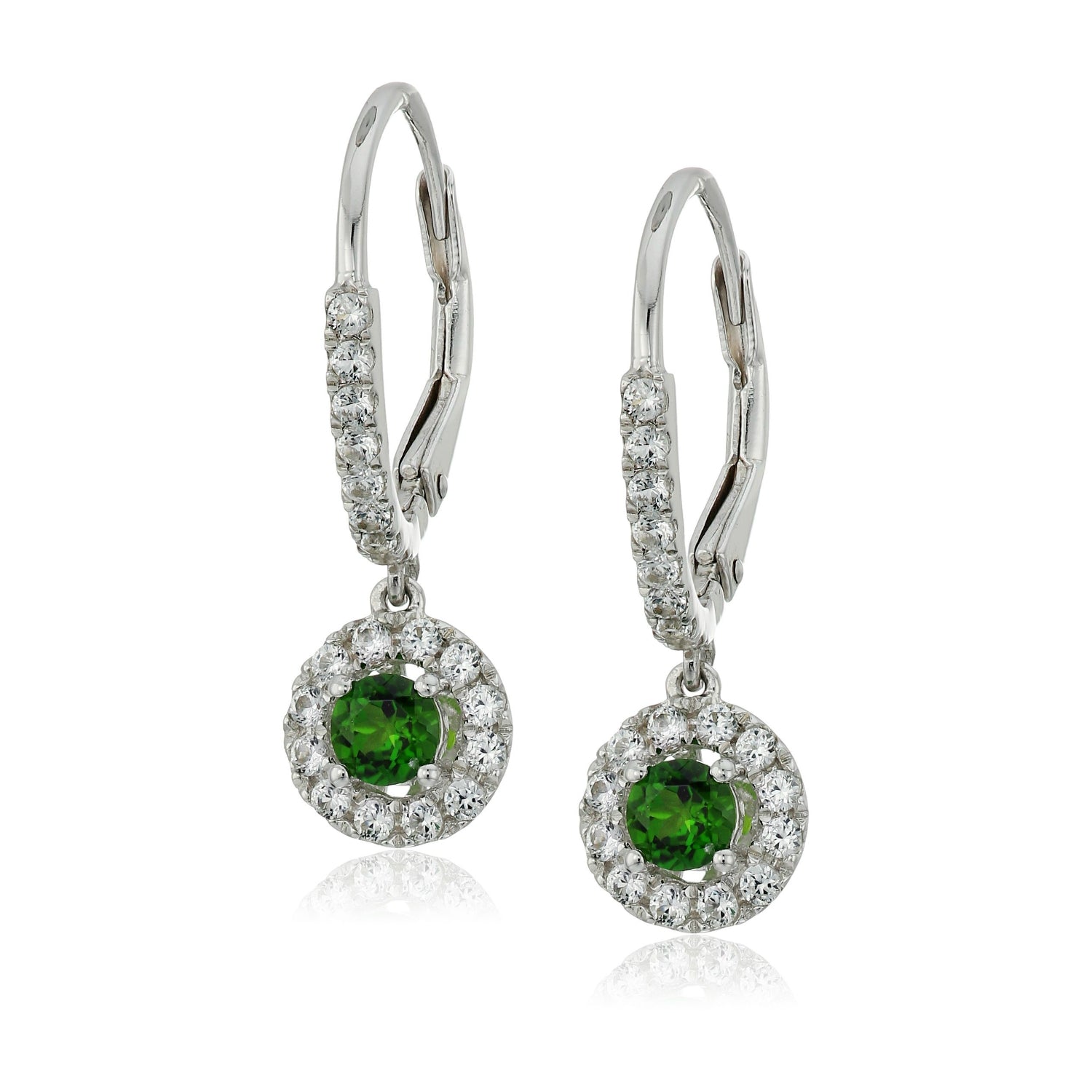 Sterling Silver Chrome Diopside and Created White Sapphire Dangle Earrings - pinctore