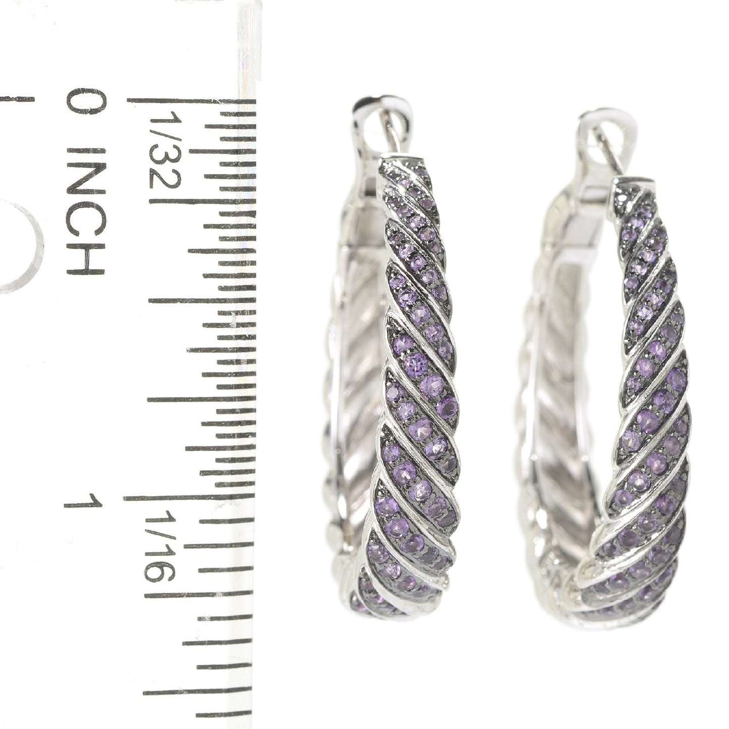 Pinctore Sterling Silver 0.99ctw African Amethyst Round Multi Diagonal Row Hoop Earrings 1.25'L