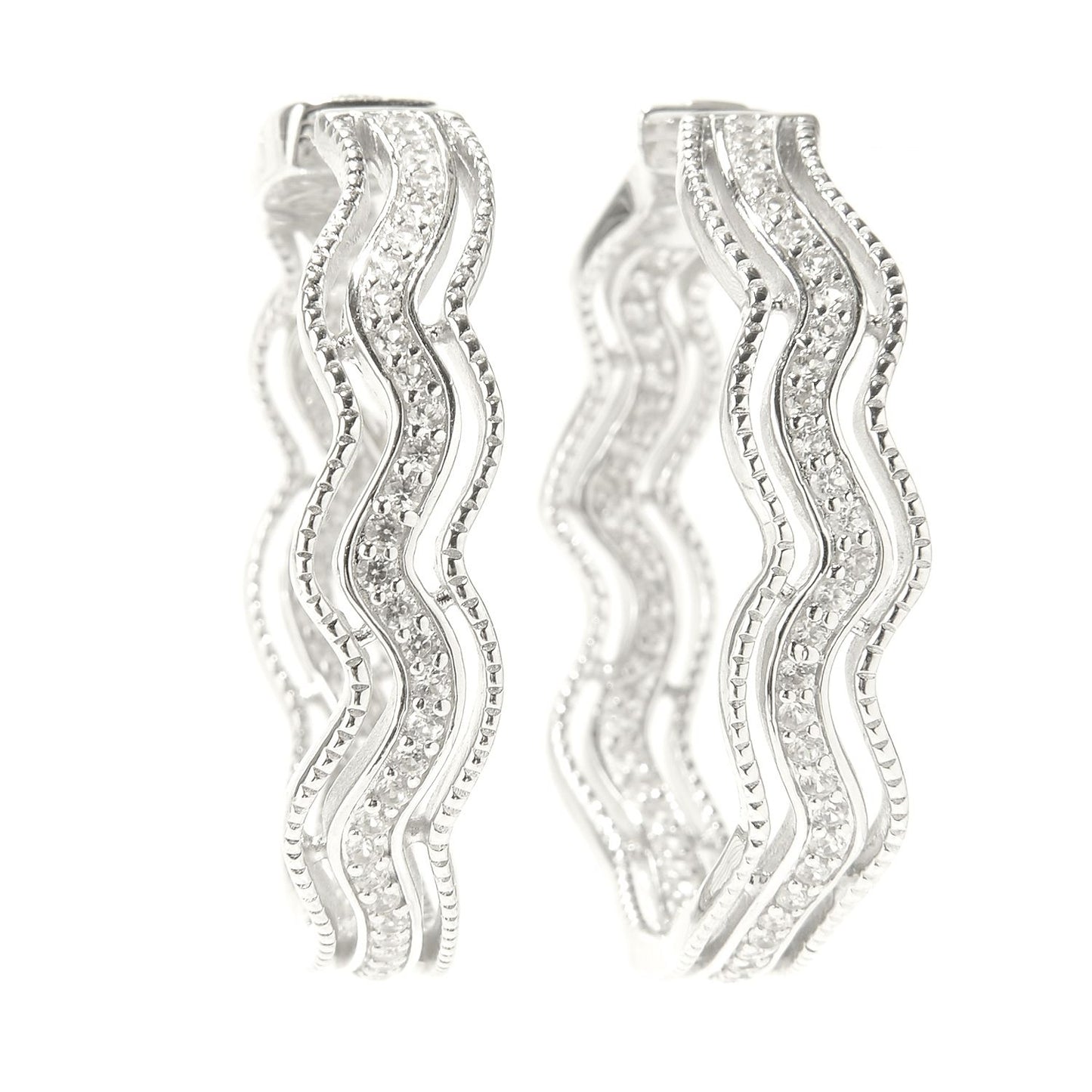 Pinctore Sterling Silver White Zircon Wave Hoop Earrings