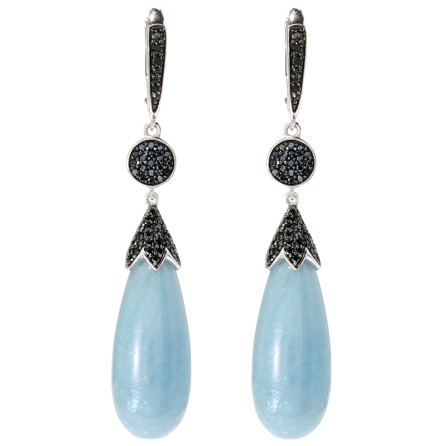 Pinctore Sterling Silver 2" Aquamarine & Black Spinel Drop Earrings - pinctore