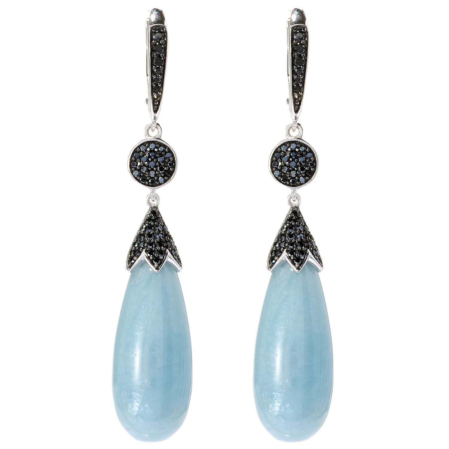 Pinctore Sterling Silver 2" Aquamarine & Black Spinel Drop Earrings - pinctore