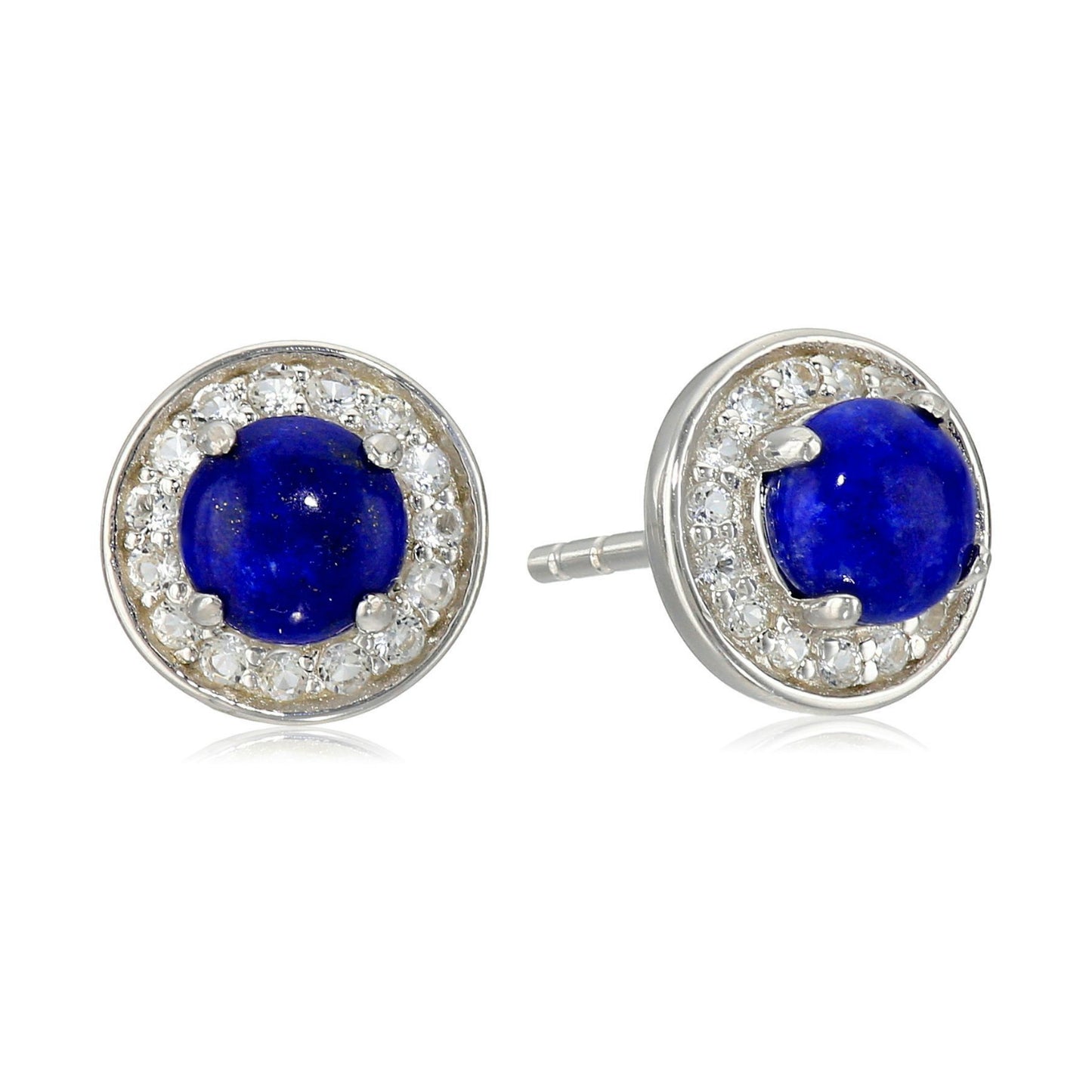 Sterling Silver Lapis Round Halo Stud Earrings - pinctore