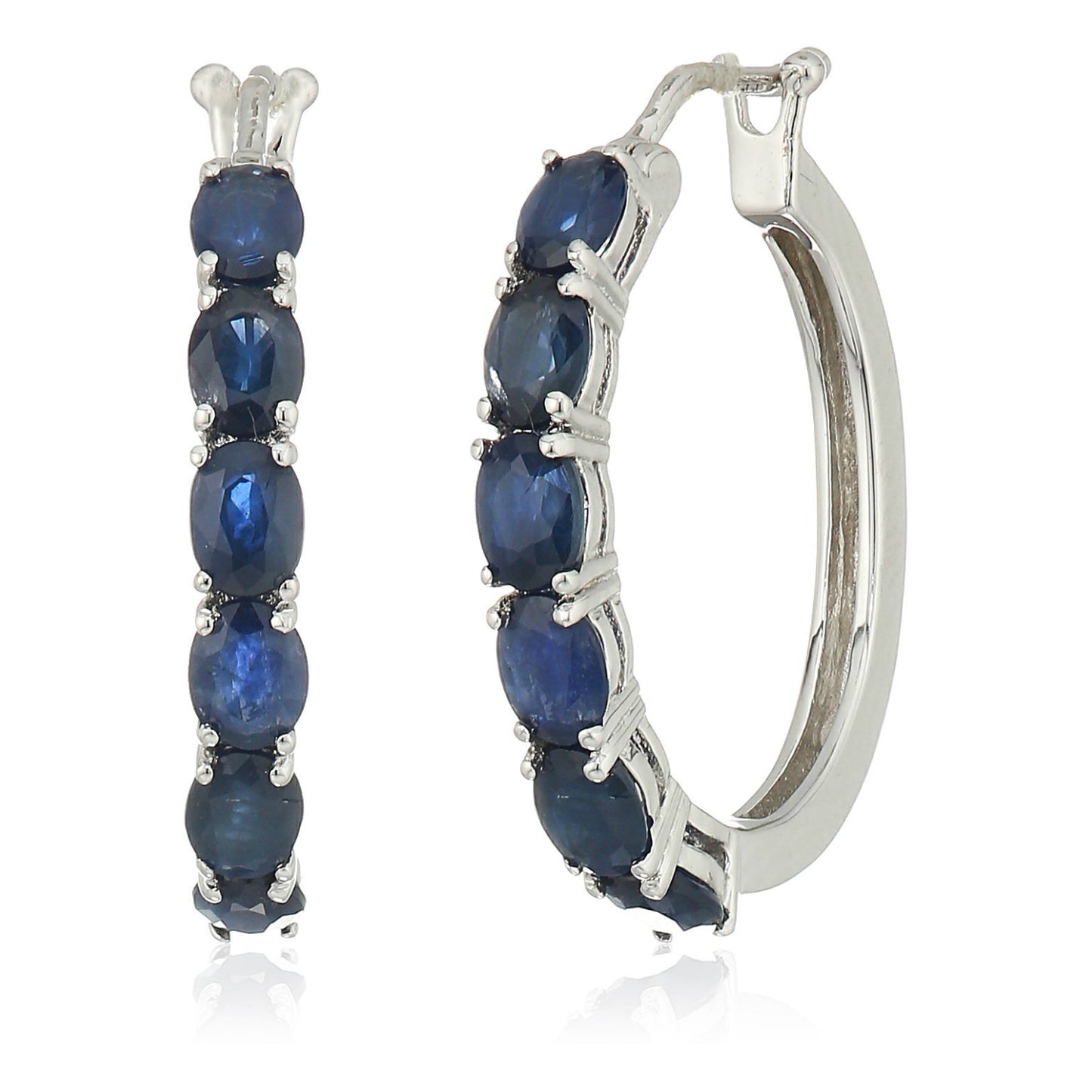 Sterling Silver Genuine Blue Sapphire Oval Hoop Earrings, 3/4" - pinctore
