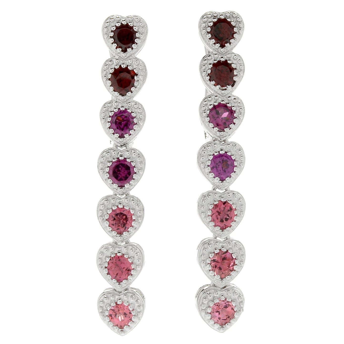 Sterling Silver 1.5" Multi Pink Tourmaline Heart Drop Earring - Pinctore