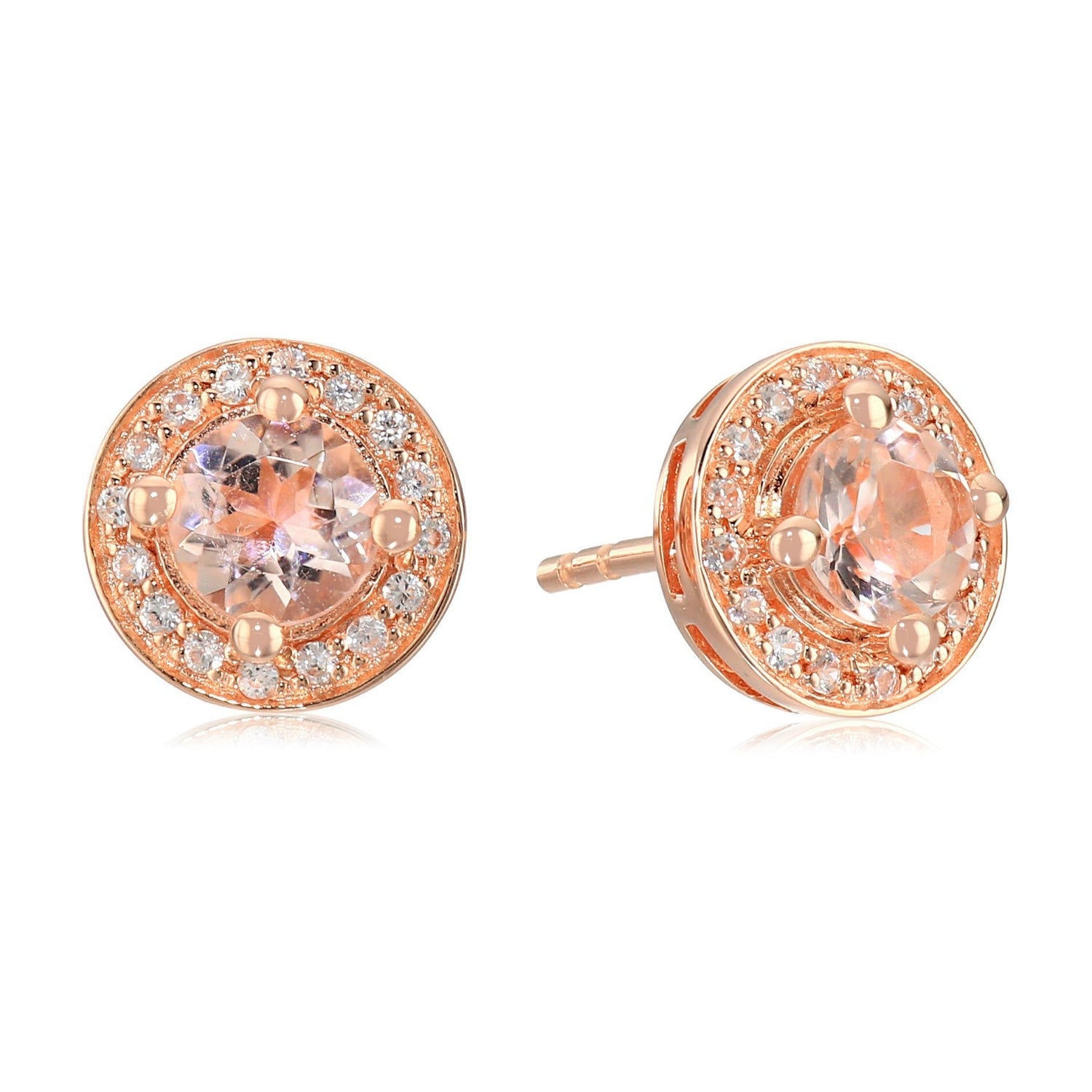 Pinctore Rose Gold-Plated Silver Morganite Round Halo Stud Earrings - pinctore