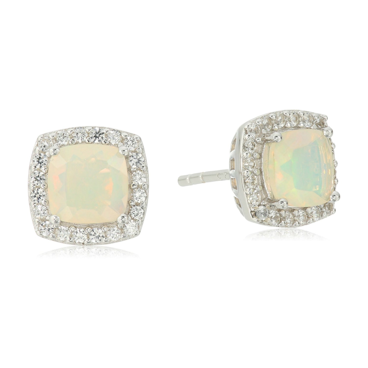 Pinctore Sterling Silver Ethiopian Opal And Created White Sapphire Cushion Halo Stud Earrings