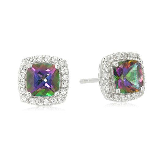 Pinctore Sterling Silver Mystic Topaz, Created White Sapphire Stud Earrings