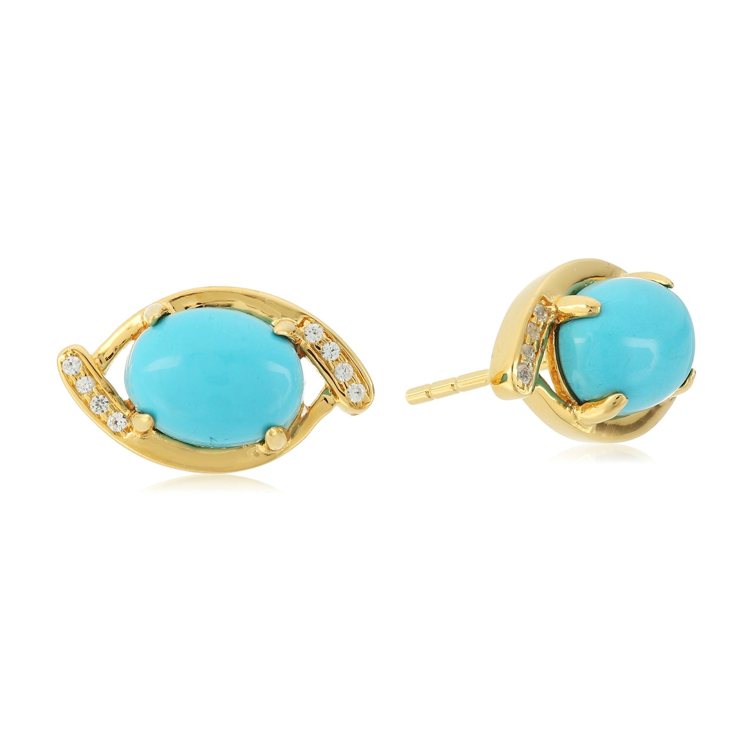 Pinctore Yellow Gold-Plated Silver Stabilized Natural Turquoise And Created White Sapphire Evil Eye Stud Earrings - pinctore