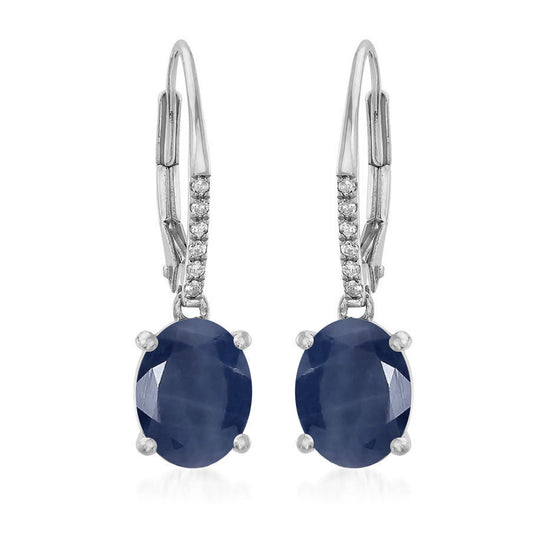 14Kt White Gold Indian Blue Sapphire,  Diamond Dangle Earring - Pinctore
