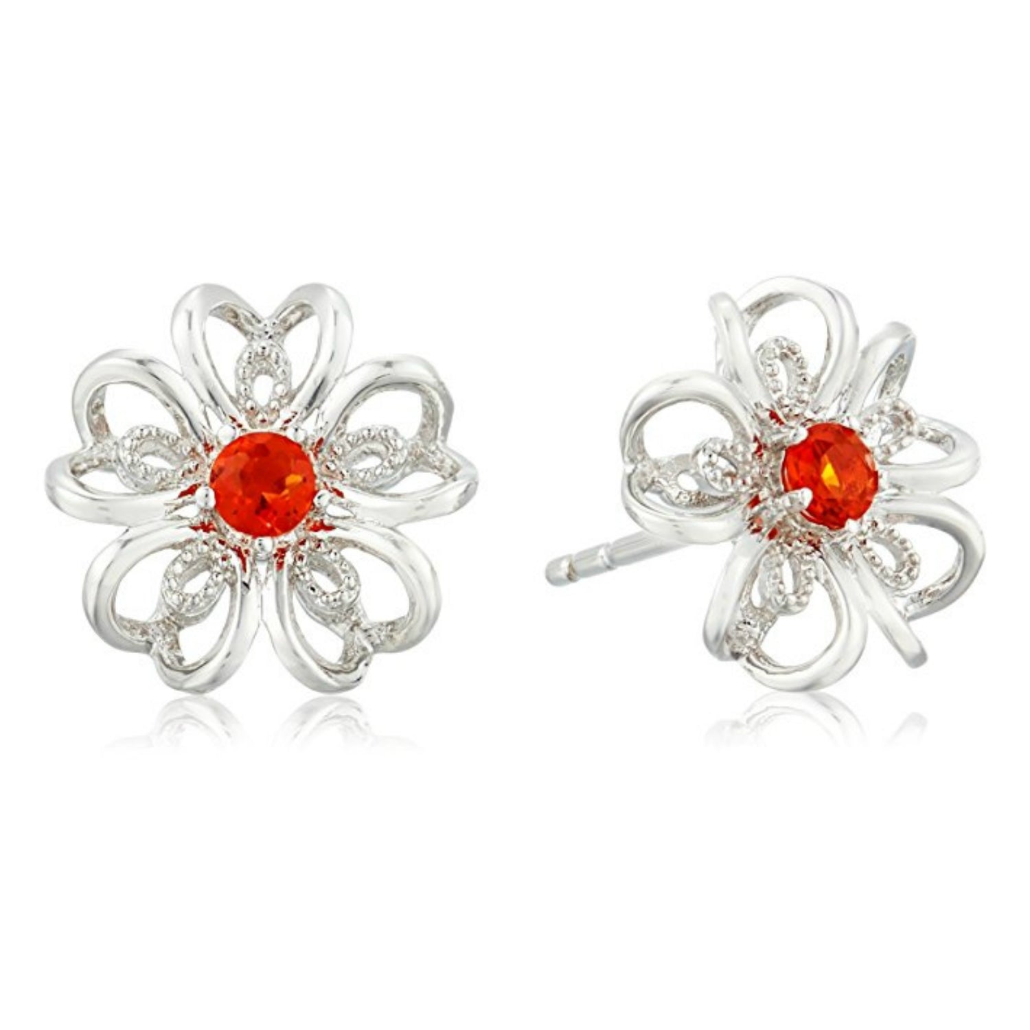 Pinctore Sterling Silver Fire Opal flower Stud Earrings