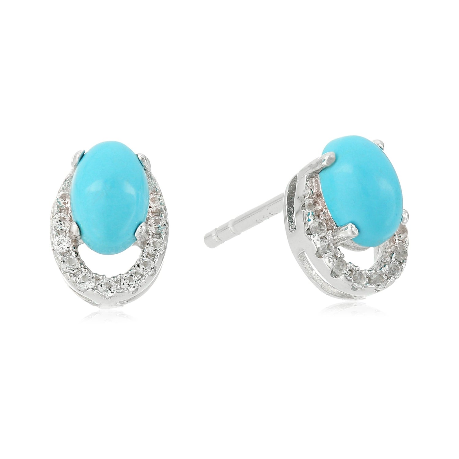 Sterling Silver Stabilized Natural Turquoise And Created White Sapphire Stud Earrings - pinctore