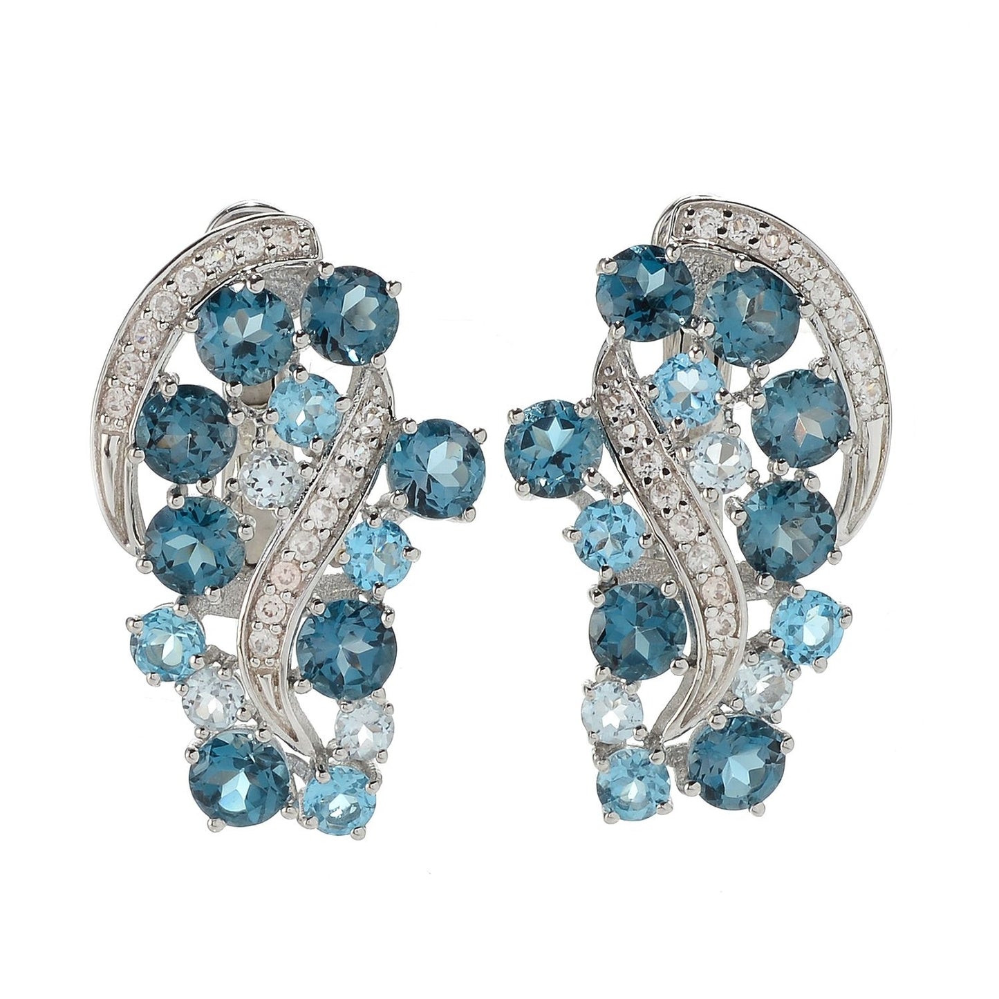 Pinctore Sterling Silver 1" London Blue Topaz & White Zircon Wave Earrings