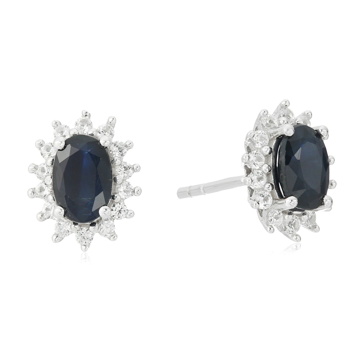 Sterling Silver Genuine Blue Sapphire And Created White Sapphire Oval Halo Stud Earrings - pinctore