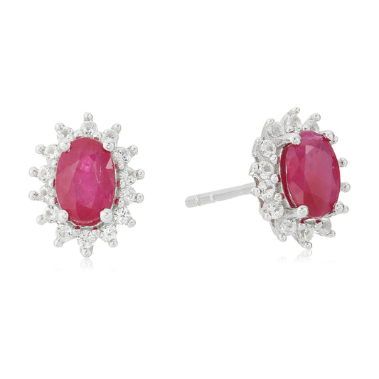 Pinctore Sterling Silver Ruby & Created White Sapphire Oval Halo Stud Earrings