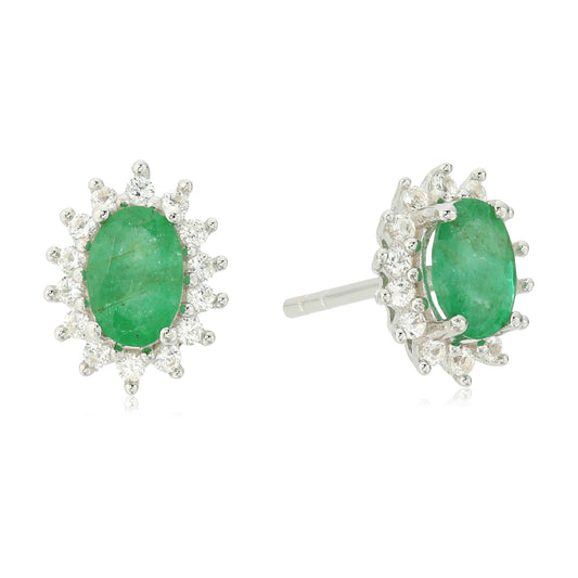 Sterling Silver Genuine Emerald And Created White Sapphire Oval Halo Stud Earrings - pinctore