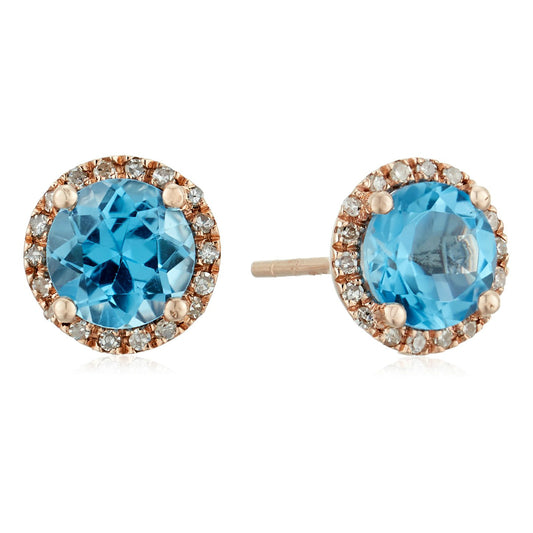 Pinctore 10k Rose Gold Swiss Blue Topaz and Diamond Classic Princess Di Halo Stud Earrings (1/6 cttw, H-I Color, I1-I2 Clarity)