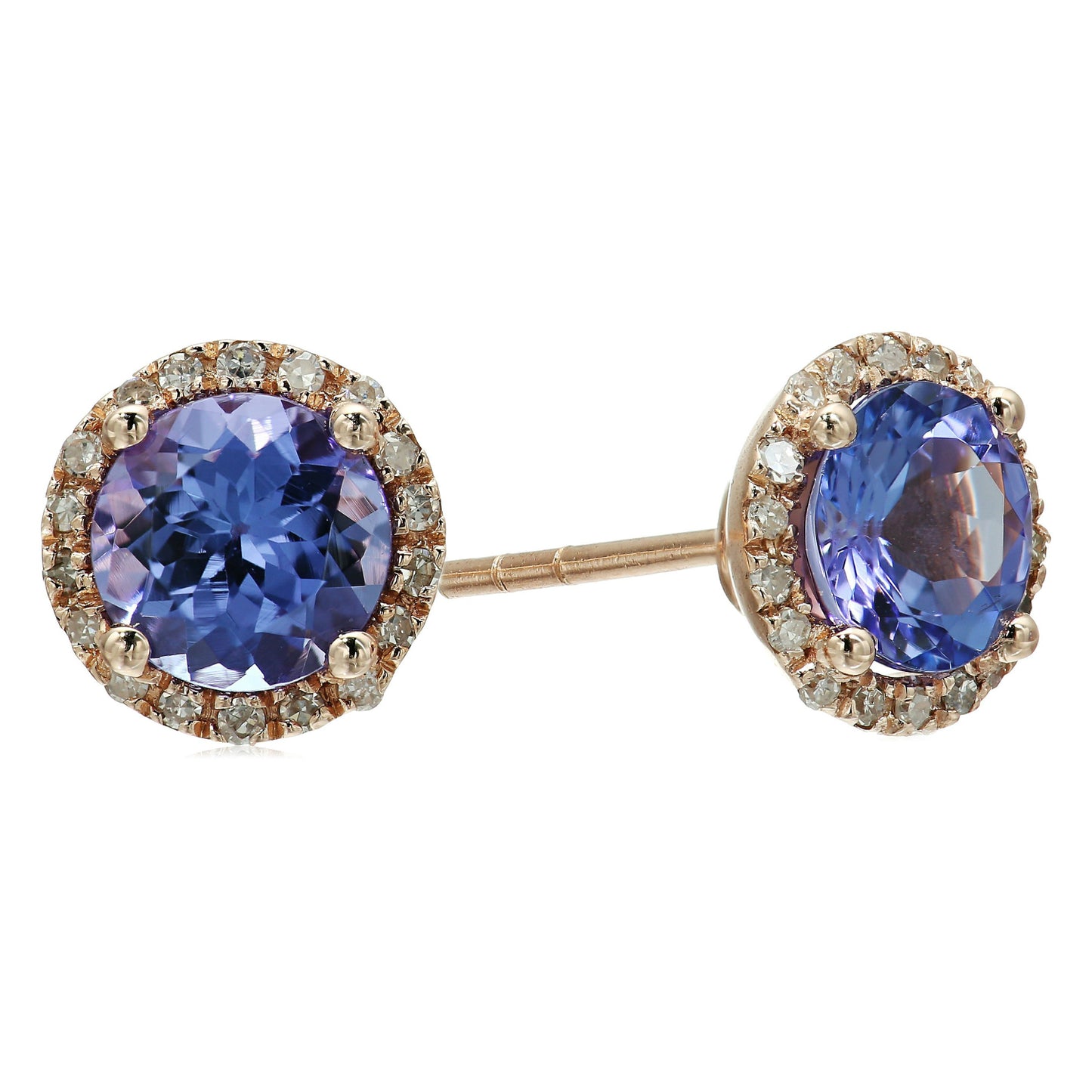 Pinctore 10k Rose Gold Tanzanite and Diamond Classic Princess Di Halo Stud Earrings (1/6 cttw, H-I Color, I1-I2 Clarity)