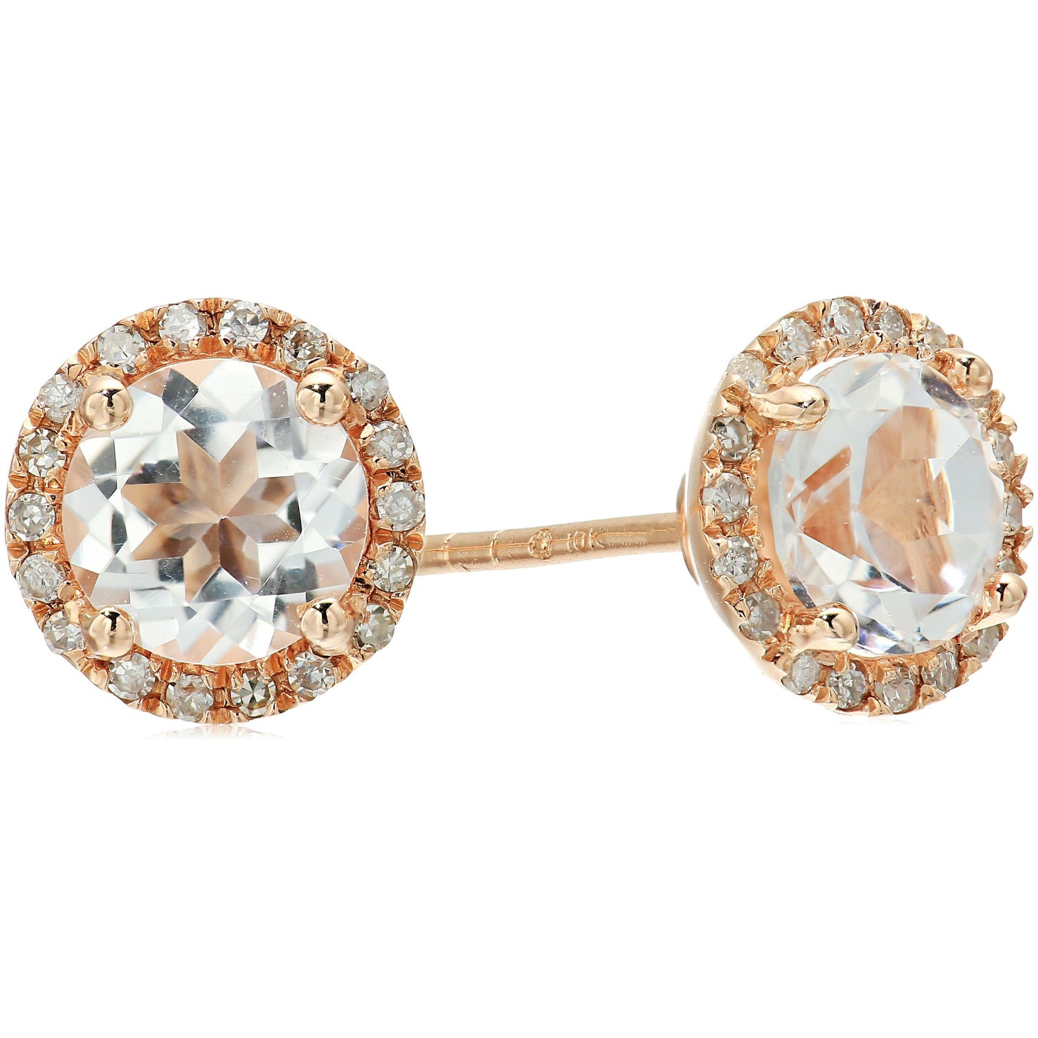 Pinctore 10k Rose Gold White Topaz and Diamond Classic Princess Di Halo Stud Earrings (1/6 cttw, H-I Color, I1-I2 Clarity)