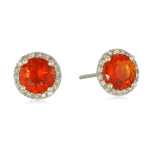Pinctore 10k Yellow Gold Fire Opal and Diamond Classic Princess Di Halo Stud Earrings (1/6 cttw, H-I Color, I1-I2 Clarity)