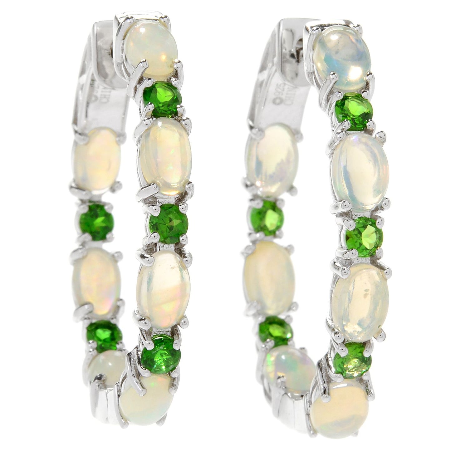 Pinctore Sterling Silver 1.25" Ethiopian Opal & Chrome Diopside Hoop Earrings