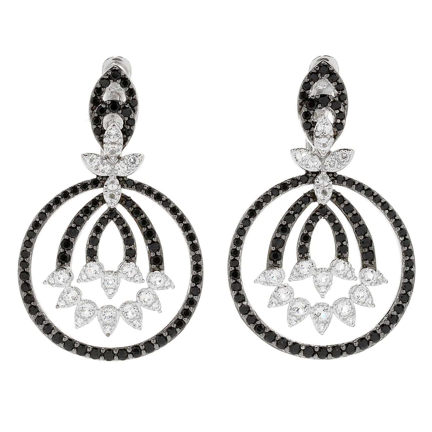 Pinctore Rhodium Over Sterling Silver 4.3ctw White Topaz & Black Spinel Drop Earrings - pinctore