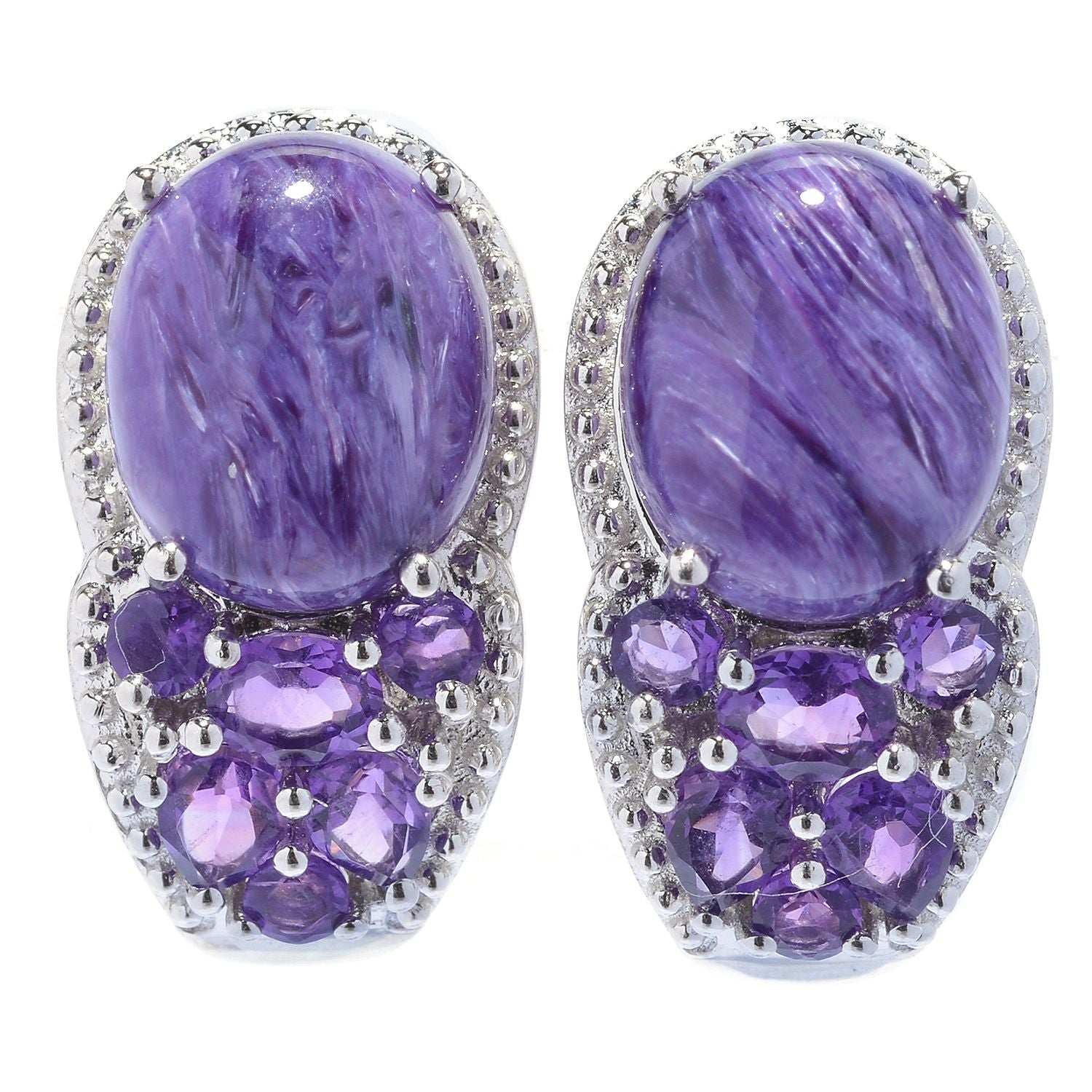 Pinctore Sterling Silver Oval Cabochon Chatroite and Amethyst J-Hoop Earrings