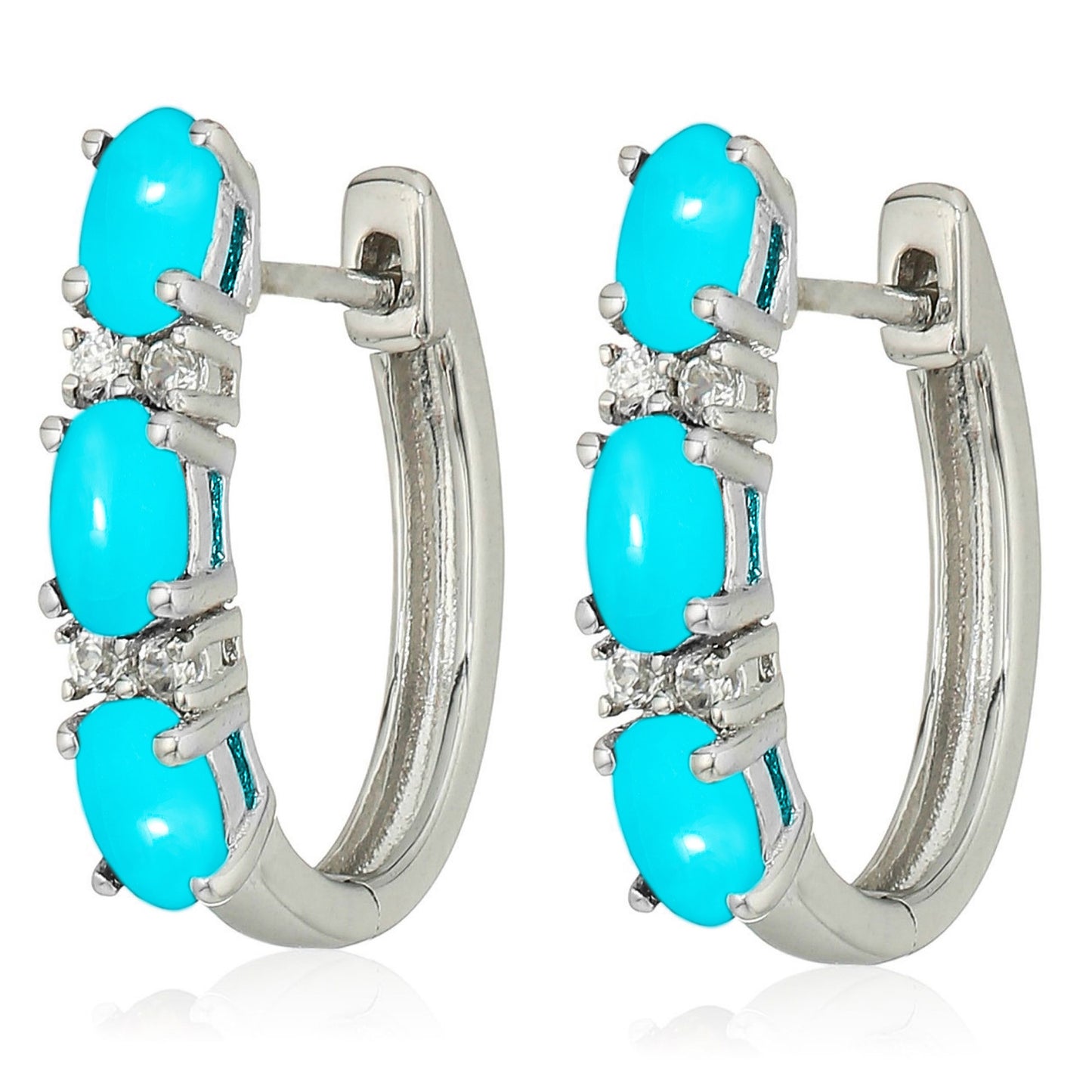925 Sterling Silver Sleeping Beauty Turquoise, White Natural Zircon Hoops Earring - Pinctore