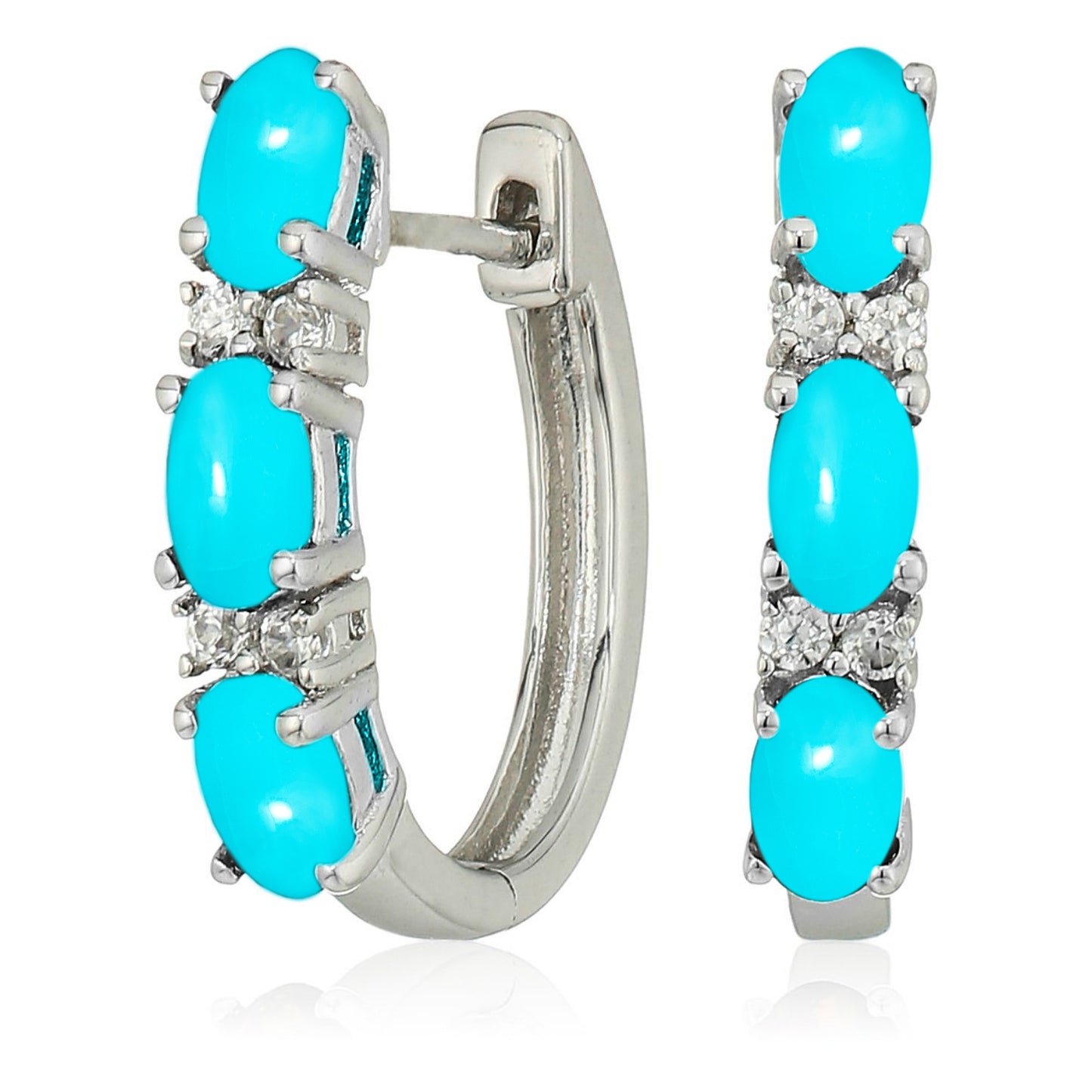 925 Sterling Silver Sleeping Beauty Turquoise, White Natural Zircon Hoops Earring - Pinctore