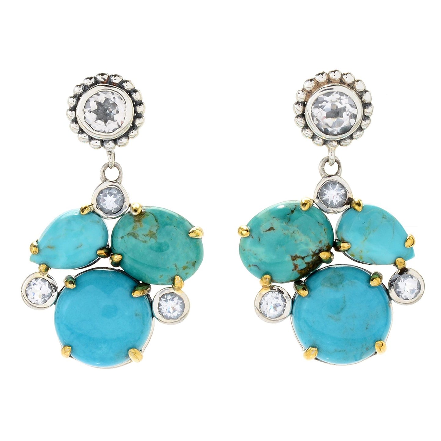 Pinctore Sterling SIlver 925 White Topaz,Campitos Turquoise,Tyrone Turquoise,Blue Mohave Turquoise Drop & Dengle Earring