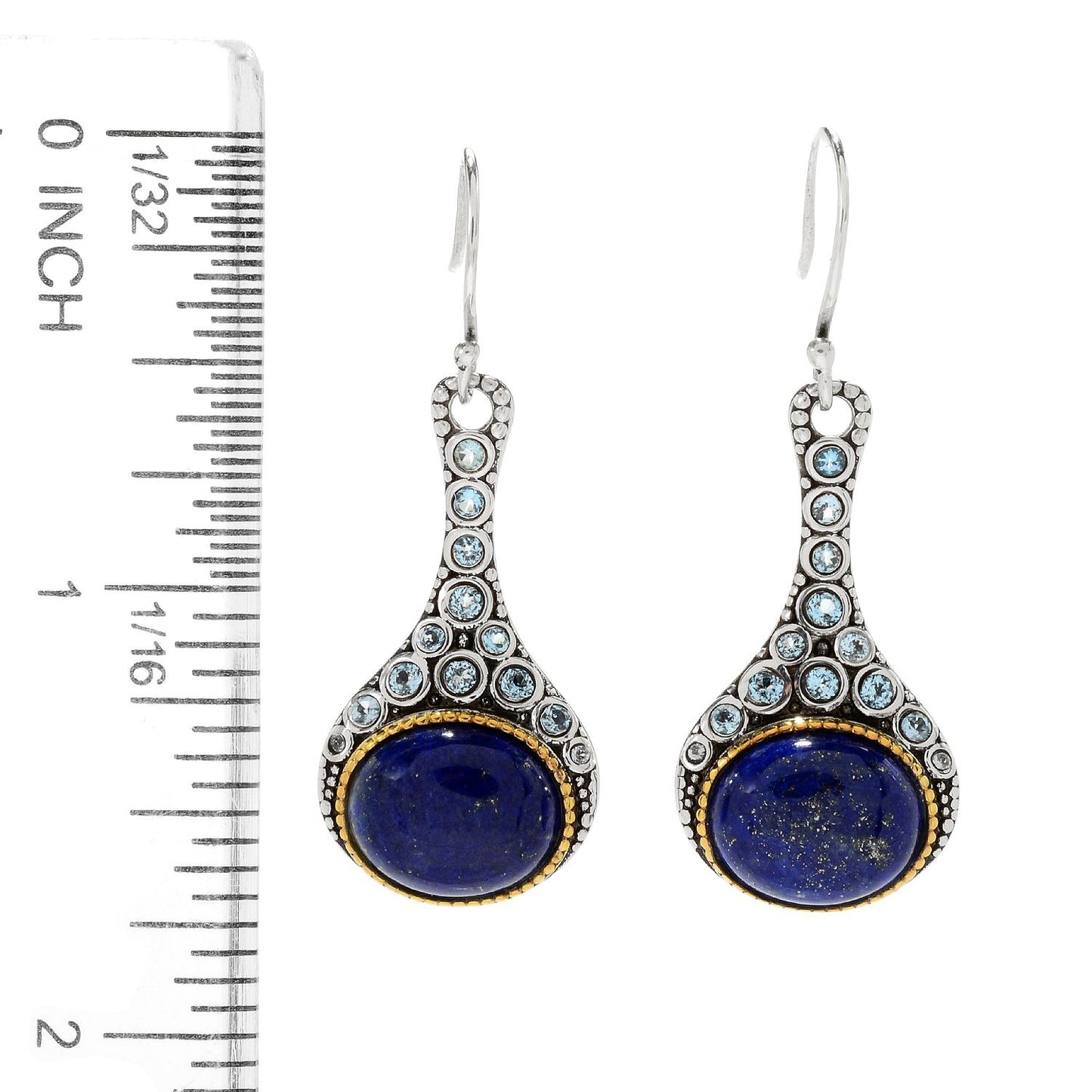 Pinctore Sterling Silver 1.75" Oval Lapis & Swiss Blue Topaz Drop Earrings