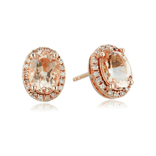14k Rose Gold Oval Morganite and Diamond Halo Stud Earrings (1/8 cttw, H-I Color, I1-I2 Clarity) - pinctore