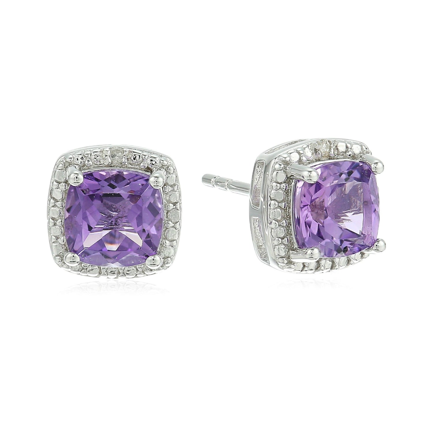 Sterling Silver Cushion Amethyst and Diamond Accented Halo Stud Earrings - pinctore